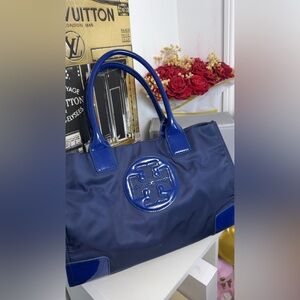 Tory Burch Navy Nylon Tote with Patent Trim and Logo